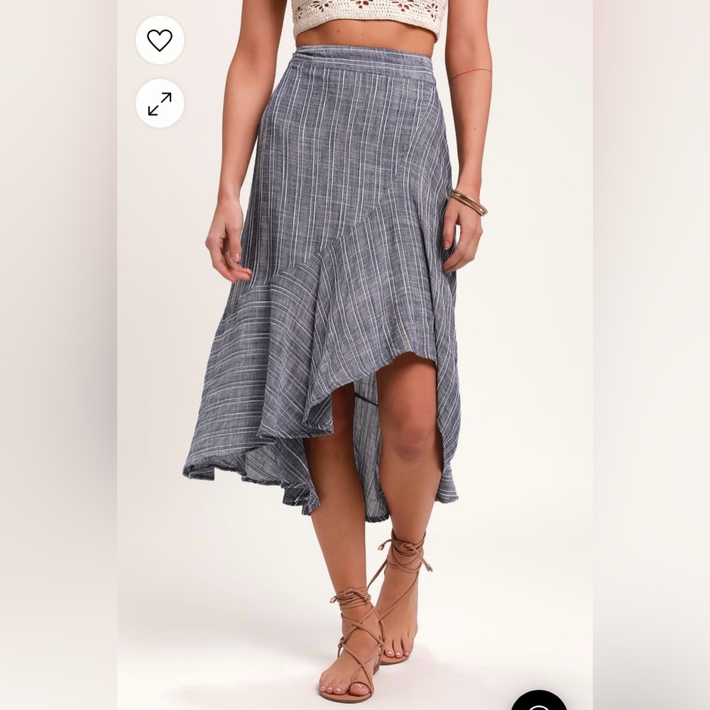Lulu’s By the Bay Washed Blue and White Striped Riffled Midi Skirt- Size Small